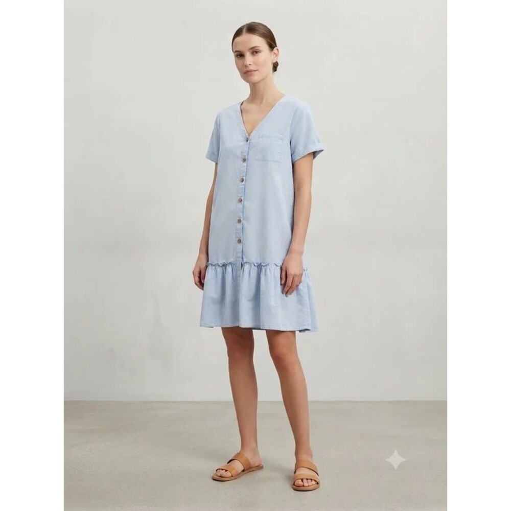 Light Blue Cotton Button Down Ruffled Hem Dress XXL